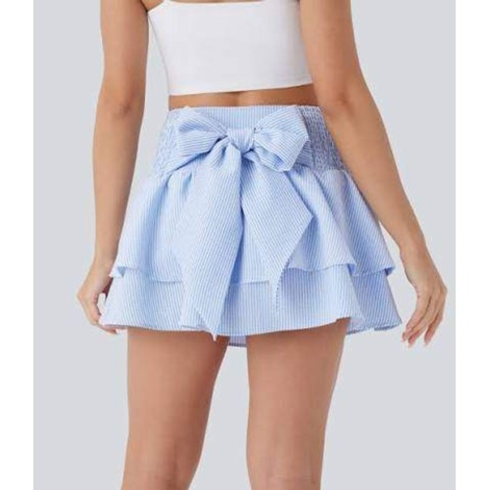 Halara Seersucker Ruffle Mini Skirt Preppy Coastal Blue White Stripe XL